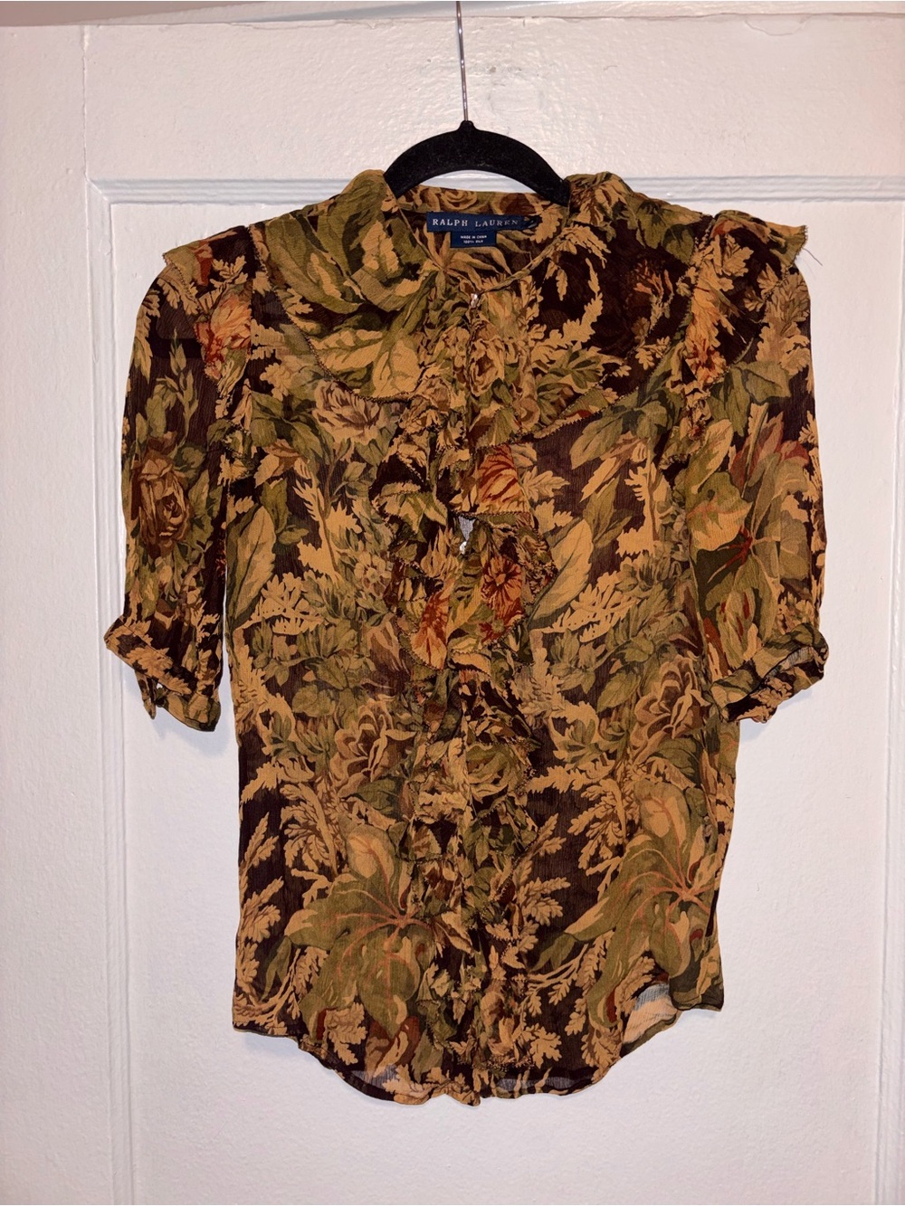 VTG Ralph Lauren Blue Label Ruffle Blouse Top Silk Chiffon Brown Floral 4 Button